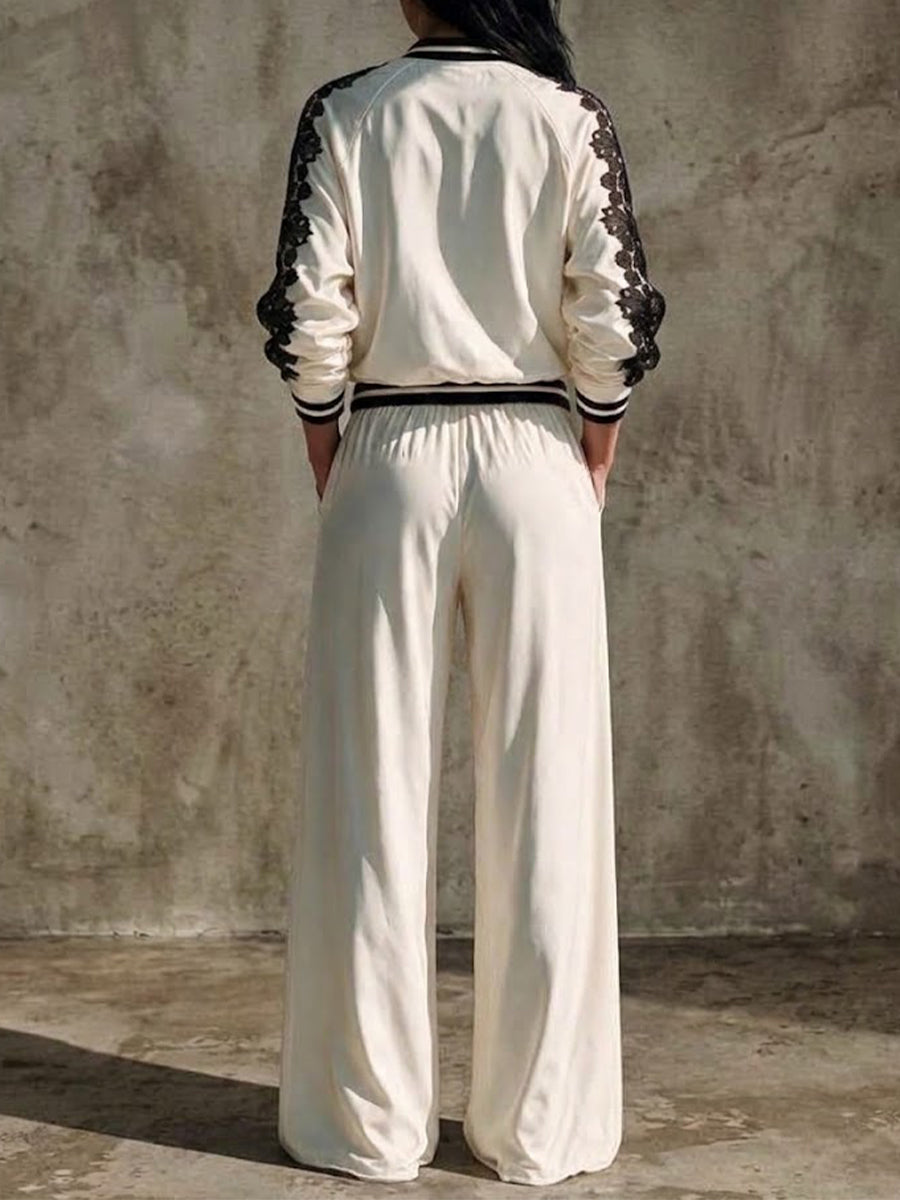 Two-piece Set Featuring A Color-block Lace-panel Baseball Jacket And Wide-leg Trousers