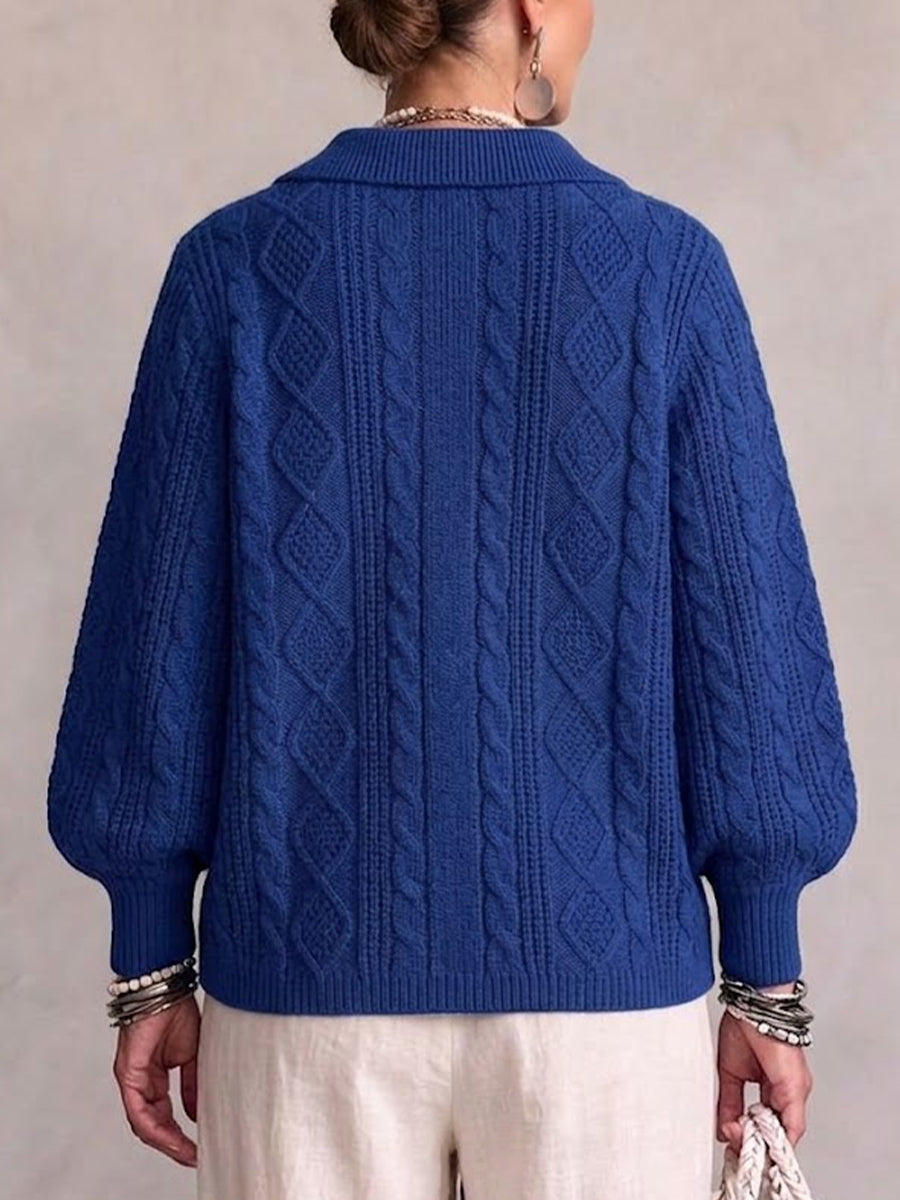 Cable-knit Single-breasted Loose Cardigan With A Fold-over Collar