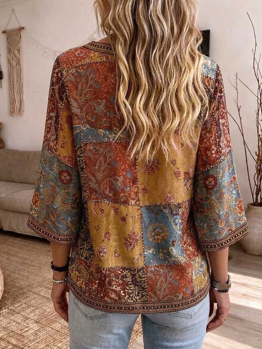 Women's Bohemian Floral Patchwork V-Neck Blouse Vintage 3/4 Sleeve Casual Top