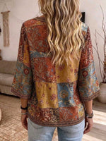 Women's Bohemian Floral Patchwork V-Neck Blouse Vintage 3/4 Sleeve Casual Top
