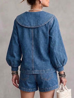 Denim Jacket With An Oversized Peter Pan Collar, Diagonal Button Placket, Gold Buttons, And Lantern Sleeves