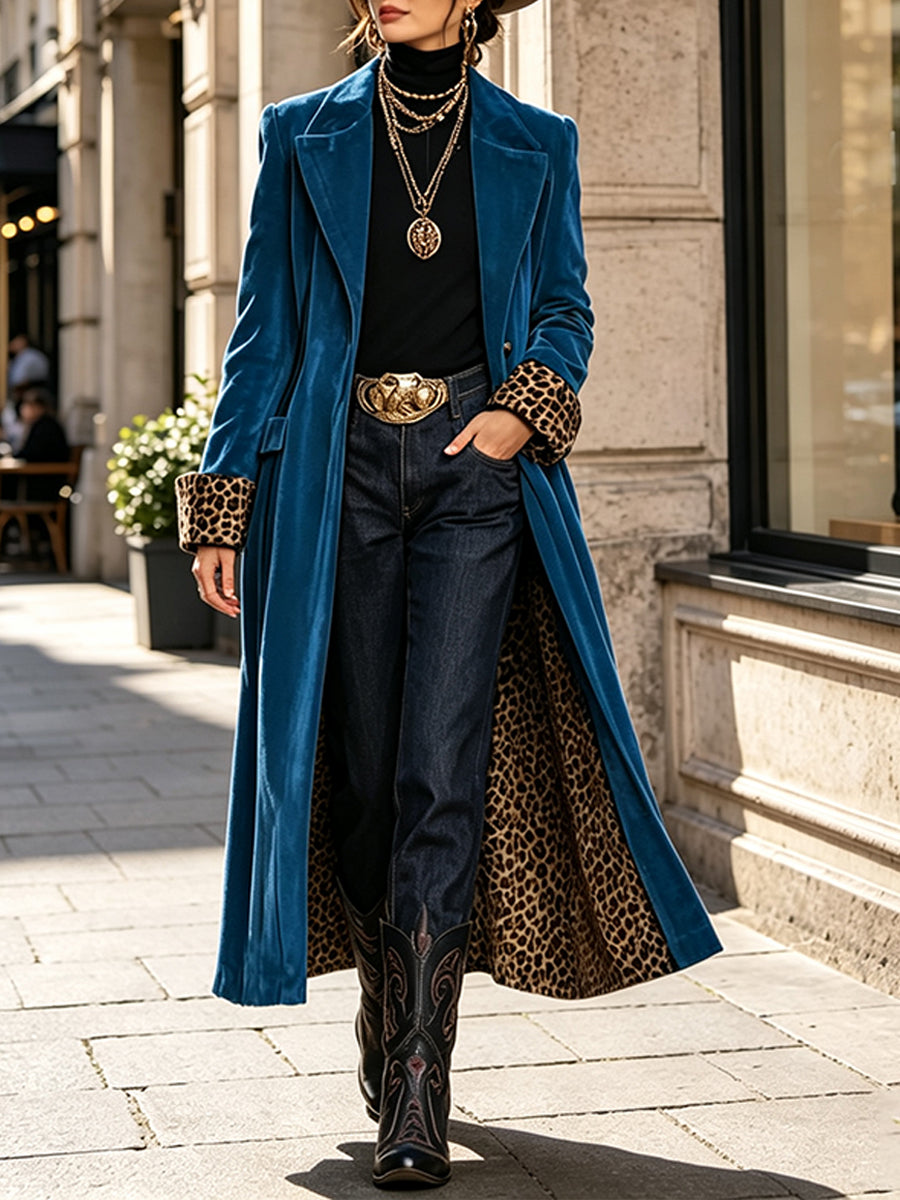 Glamorous Oversized Paneled Leopard-print Long Velvet Coat
