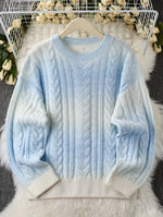 Cozy Blue-and-white Ombré Cable-knit Crew-neck Sweater