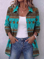 Women's Retro Geometric Print Lapel Long Sleeve Casual Loose Cotton Cardigan
