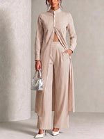 Vertical-striped Stand-collar Shirt And Wide-leg Trousers Two-piece Set