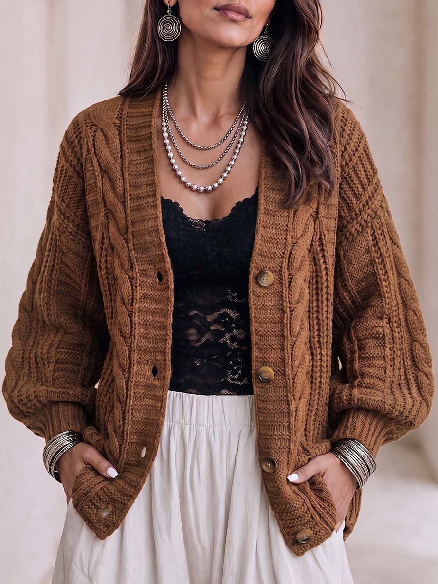 Women's Solid Color V-neck Long Sleeve Casual Loose Knit Cardigan