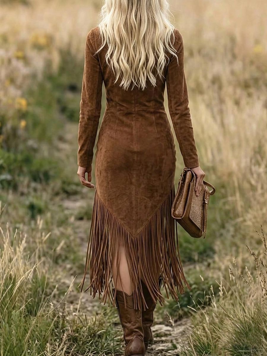 Women's Western Faux Suede Fringe V-Neck Zip-Up Long Sleeve Midi Dress