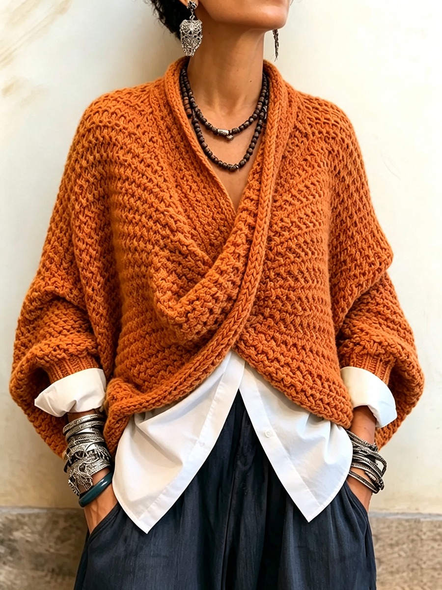 Western Cozy Relaxed Batwing Sleeves Crossover V-neck Sweater