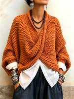 Western Cozy Relaxed Batwing Sleeves Crossover V-neck Sweater
