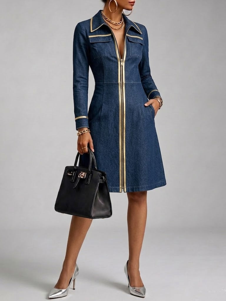Stylish Casual Denim Dress With Front Zipper And Gold Piping