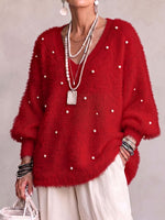 Women's Solid Color V-neck Long-sleeved Casual Loose Beaded Sweater