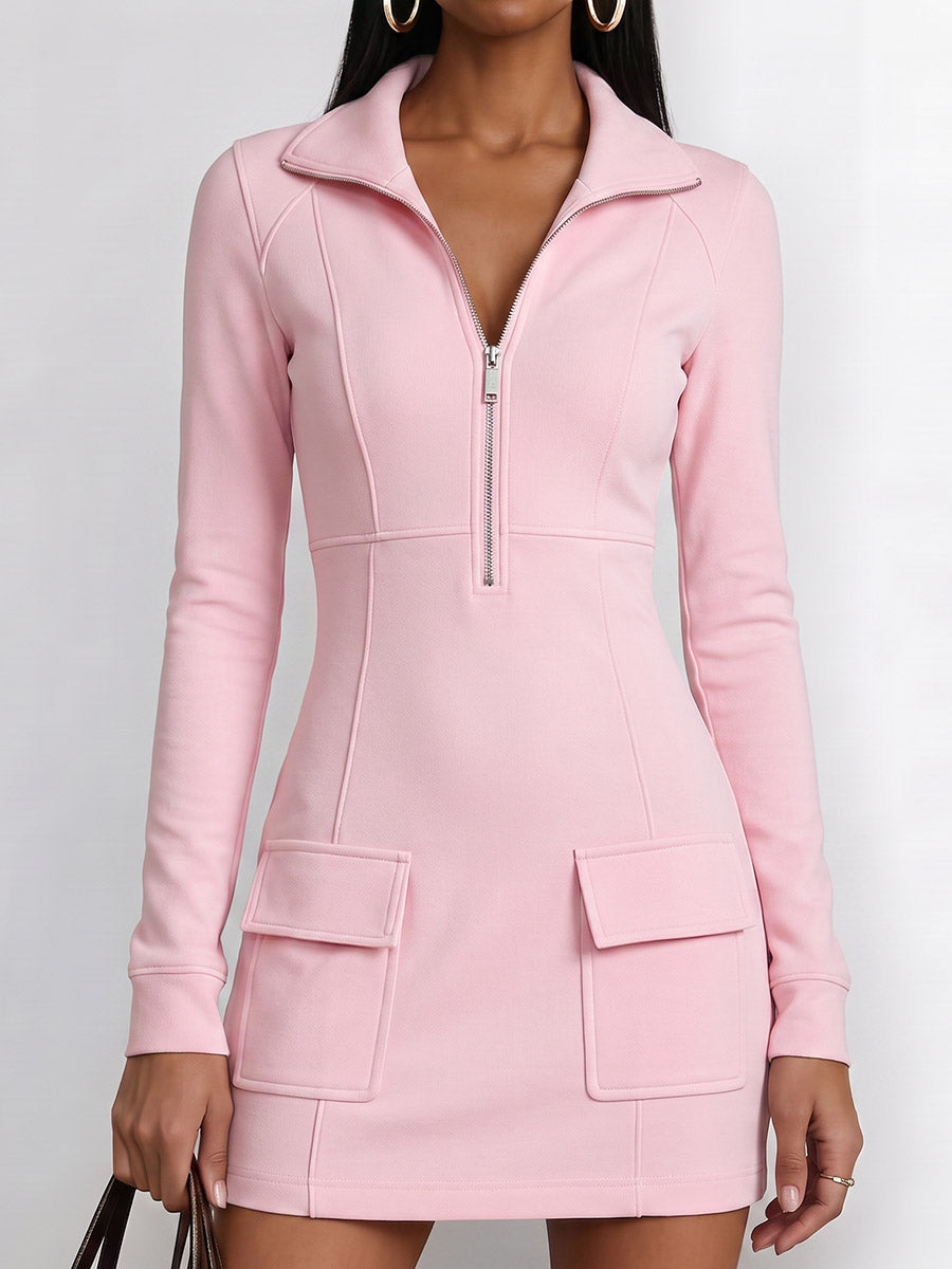 Women's Solid Color Collared Long Sleeve Casual Slim Fit Dress