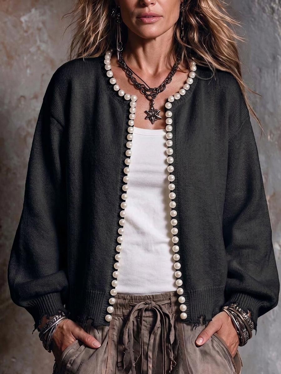 Women's Solid Color Round Neck Long Sleeve Beaded Casual Loose Knit Cardigan