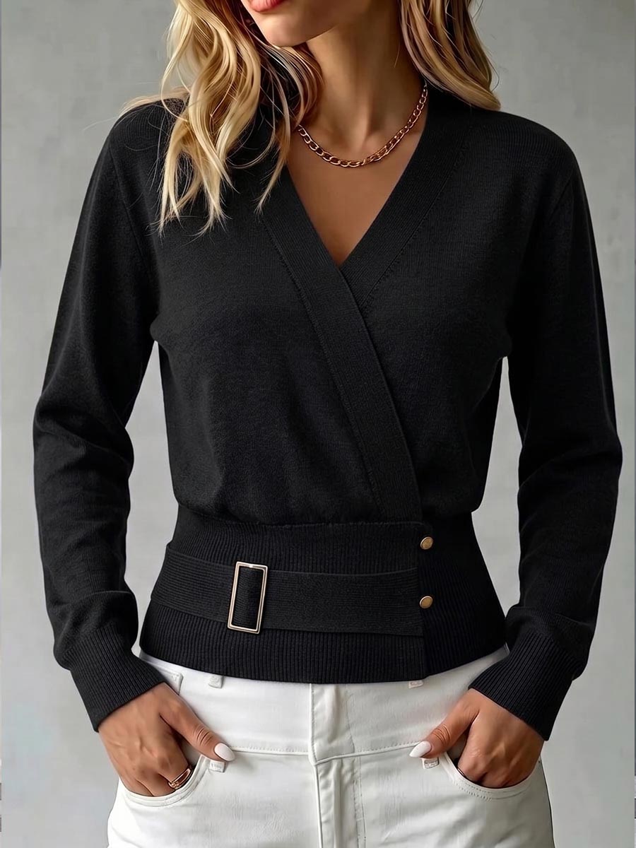 Women's Solid Color V-neck Long Sleeve Casual Loose Knit Top