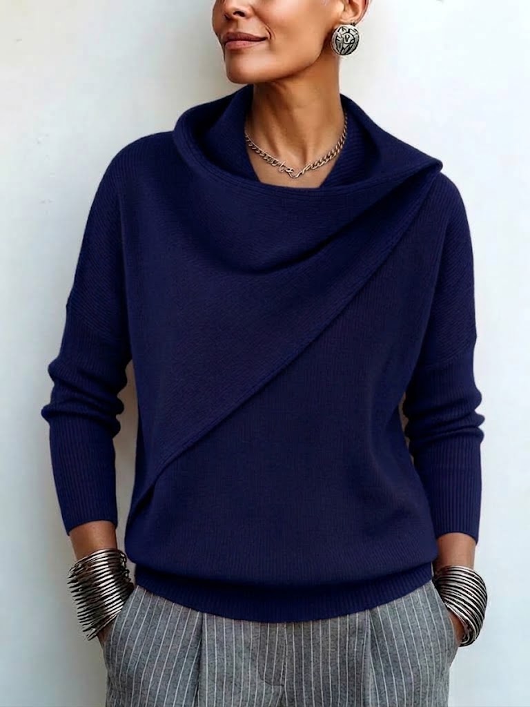 Wrap-style Slouchy-neck Drop-shoulder Long-sleeve Knit Pullover