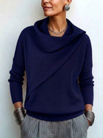 Wrap-style Slouchy-neck Drop-shoulder Long-sleeve Knit Pullover