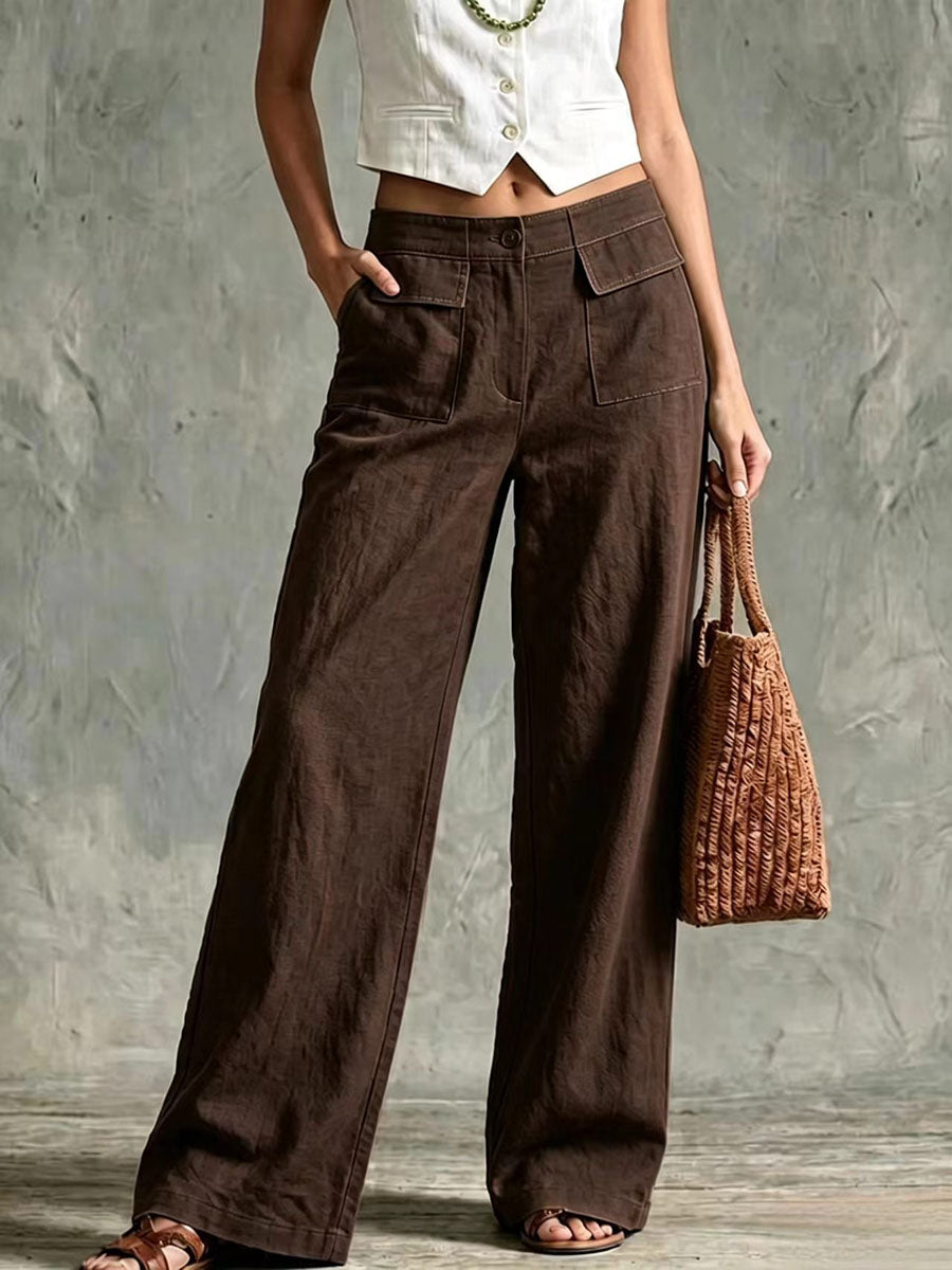 Women's Solid Color High-waisted Casual Loose Cotton Linen Wide-leg Pants