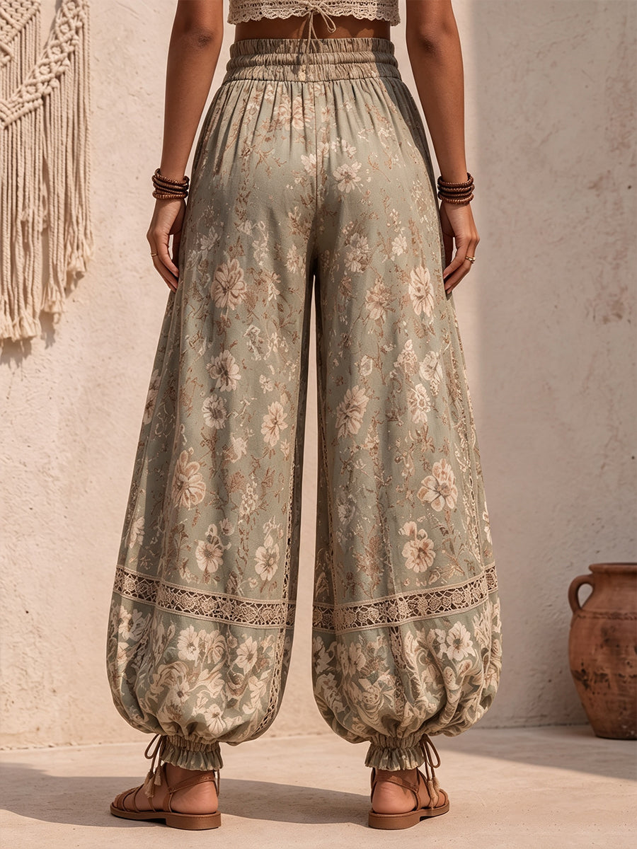 Bohemian Floral Lace-Inset Lantern Pants