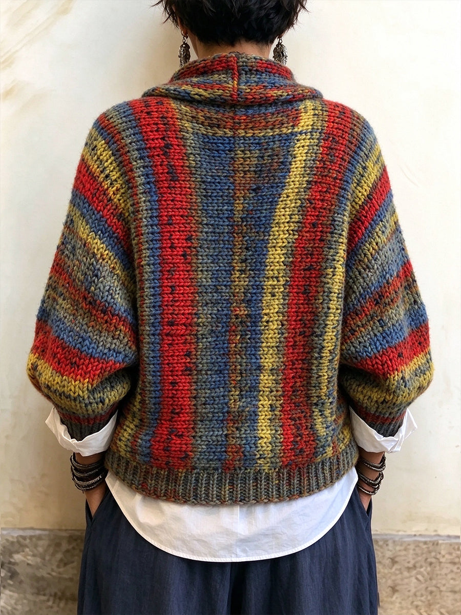 Boho Wrap-Front Striped Knit Pullover