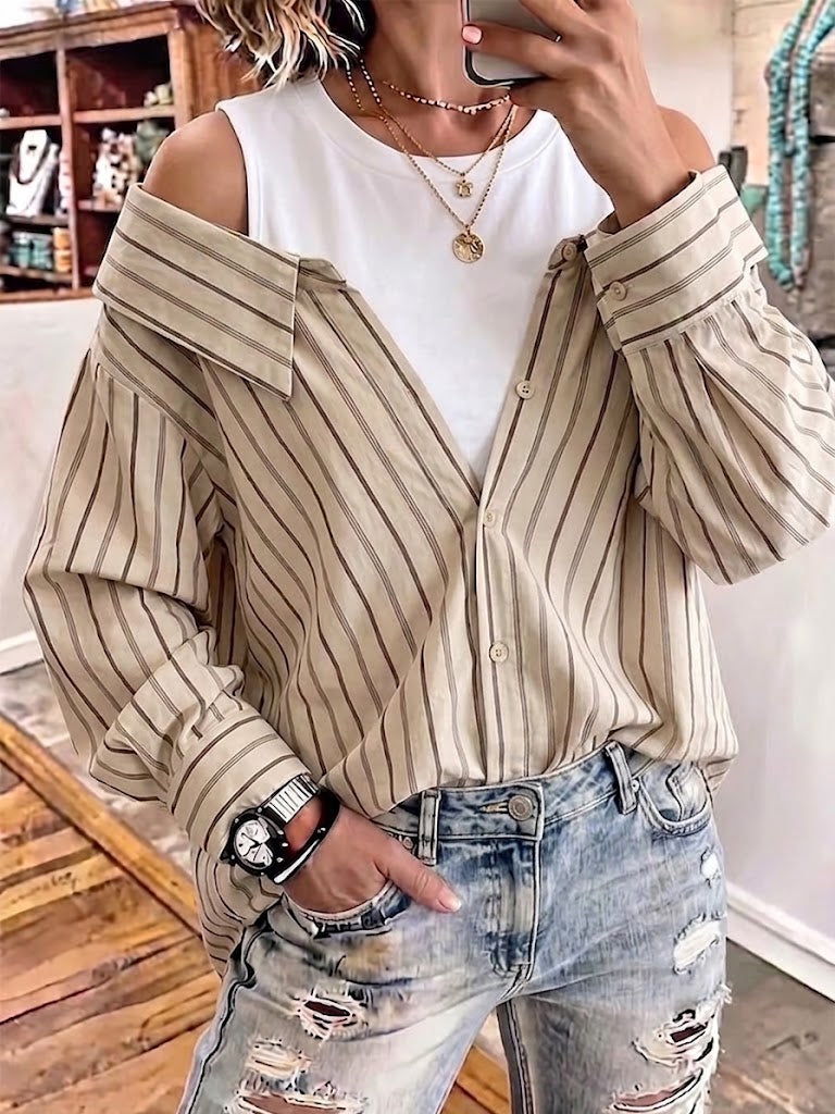 Striped Blended Off-shoulder Shirt With A Layered Look