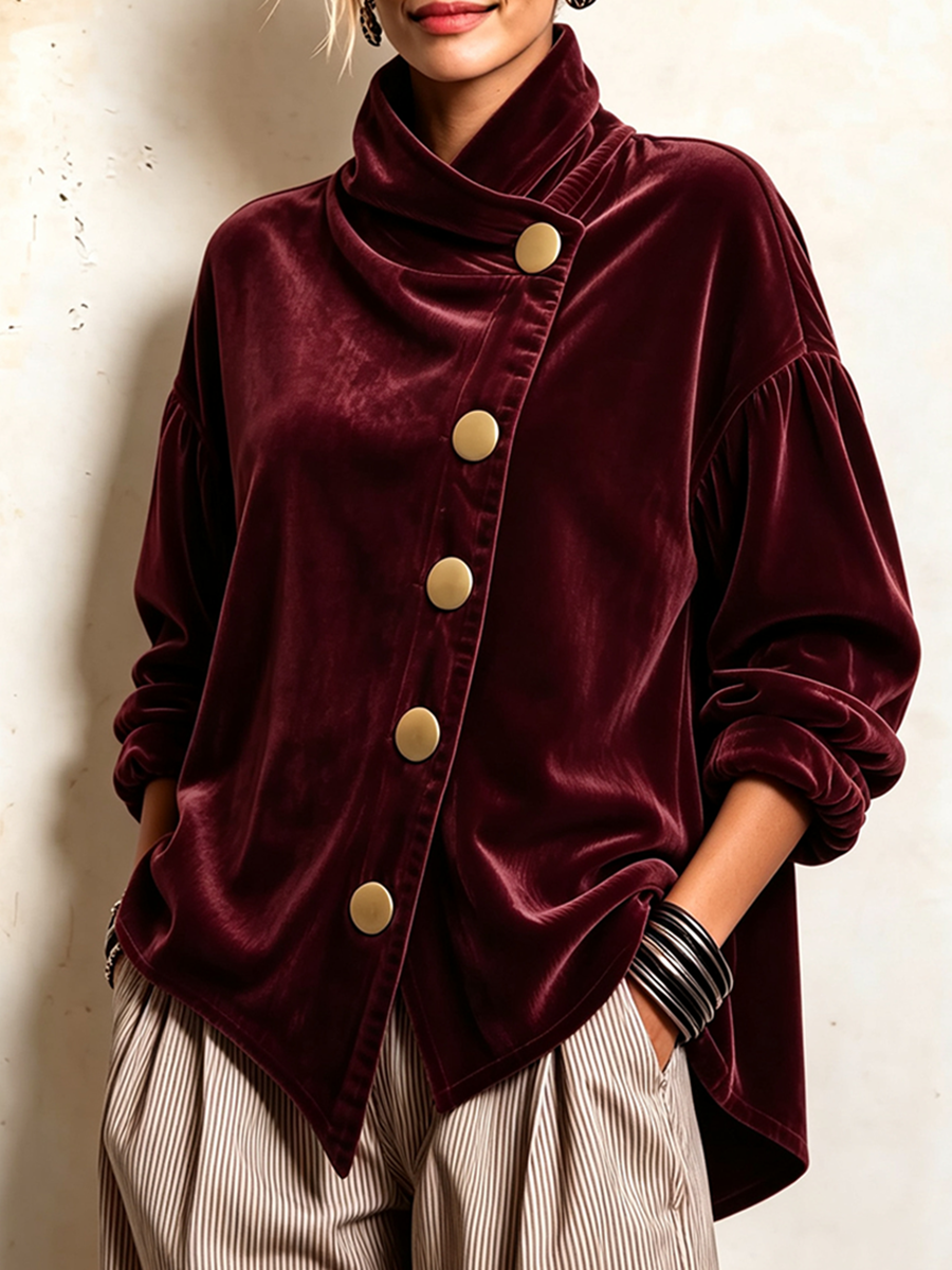 Elegant Asymmetrical Velvet Blouse With Gold Buttons