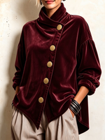 Elegant Asymmetrical Velvet Blouse With Gold Buttons