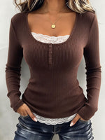 Casual Stylish Lace Trim Ribbed Top