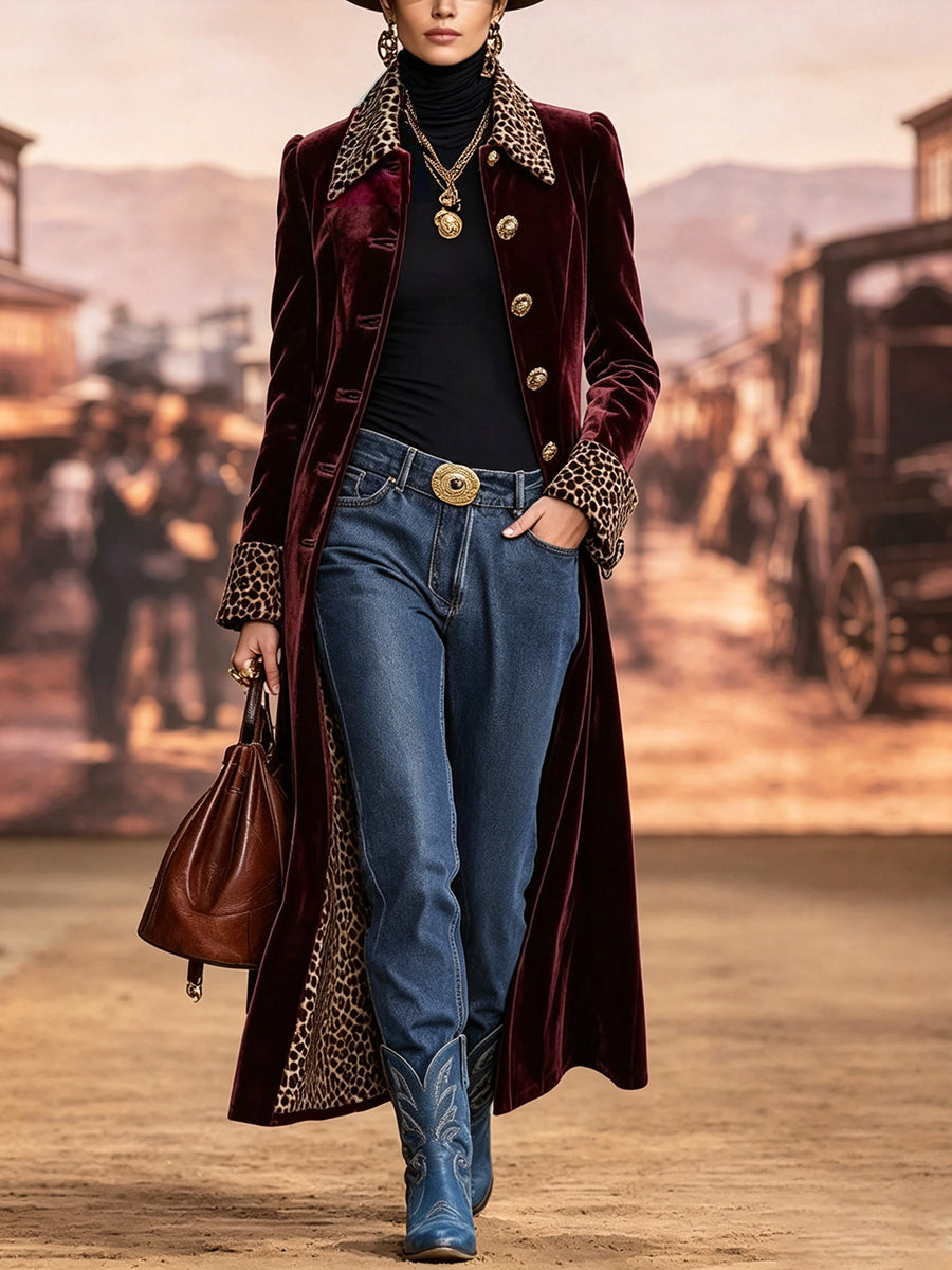 Vintage-style Bohemian Long Coat Featuring Velvet Paneling And Leopard-print Trim.