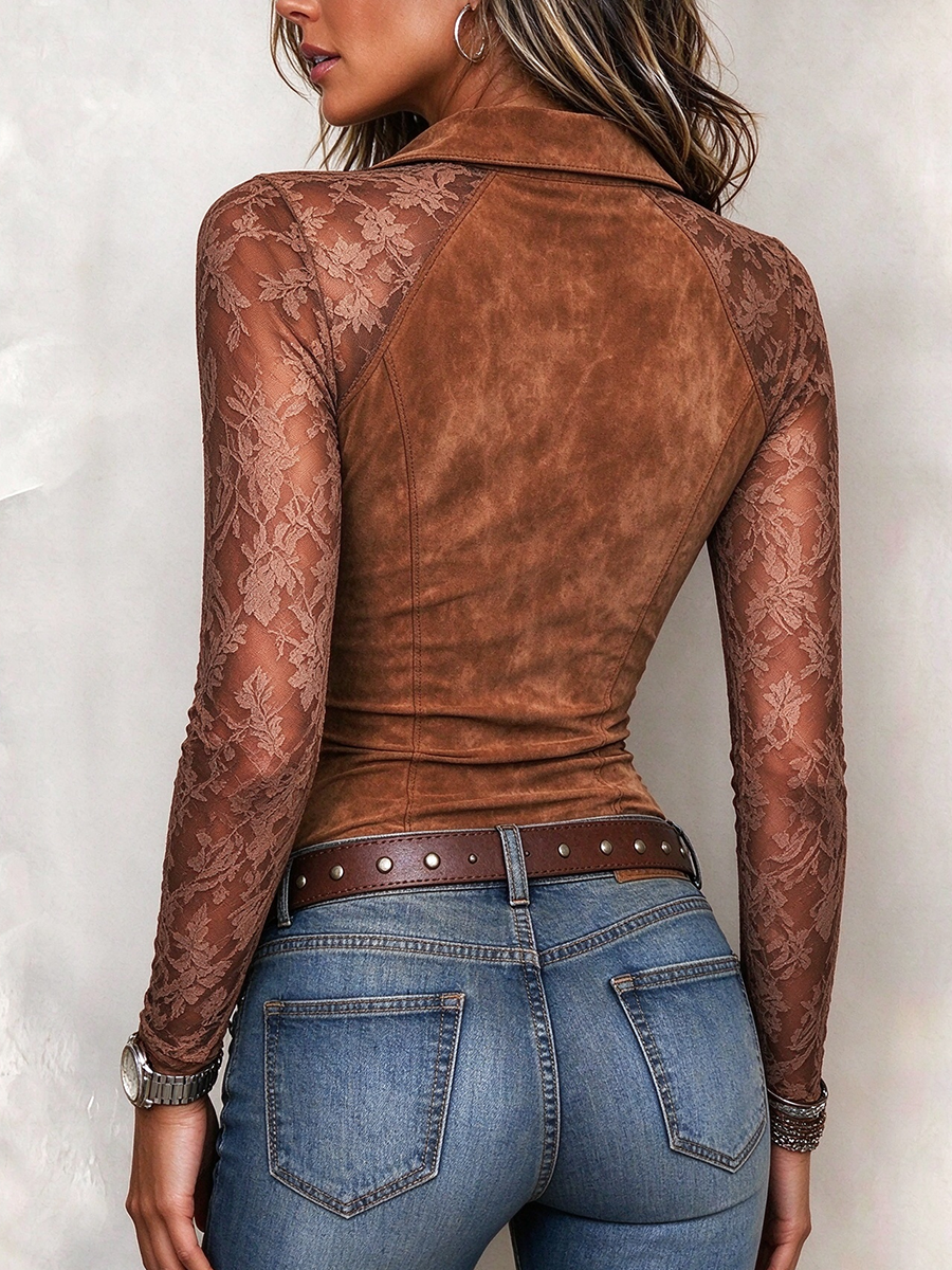 Chic Autumn Party Lace Suede Slim Fit Zip Top