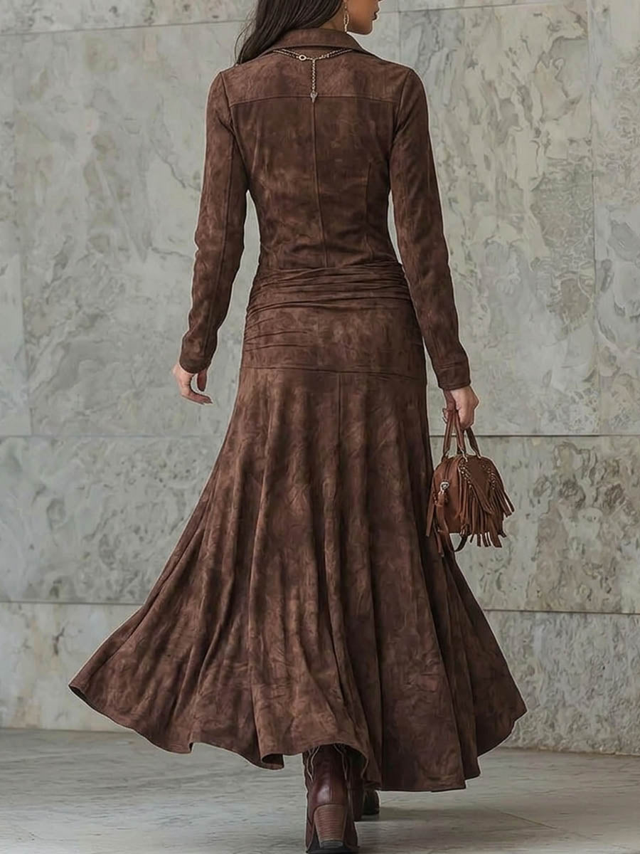 Women's Solid Color Lapel Long-sleeved Casual Loose A-line Slit Dress