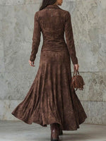 Women's Solid Color Lapel Long-sleeved Casual Loose A-line Slit Dress
