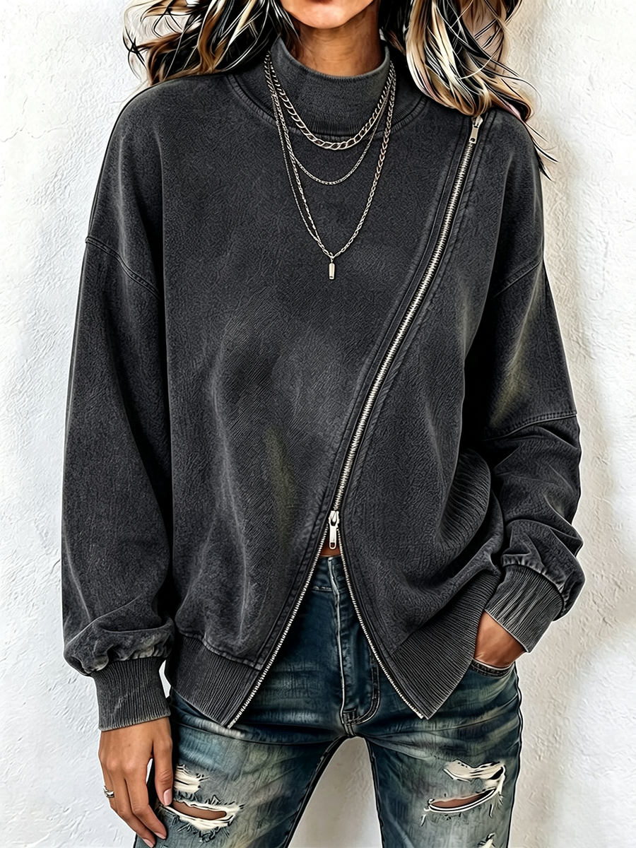 Edgy Vintage-washed Cotton Asymmetric Zip Sweatshirt