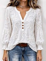 Women's Floral Embroidered V-neck Long Sleeve Blouse With Button Detail