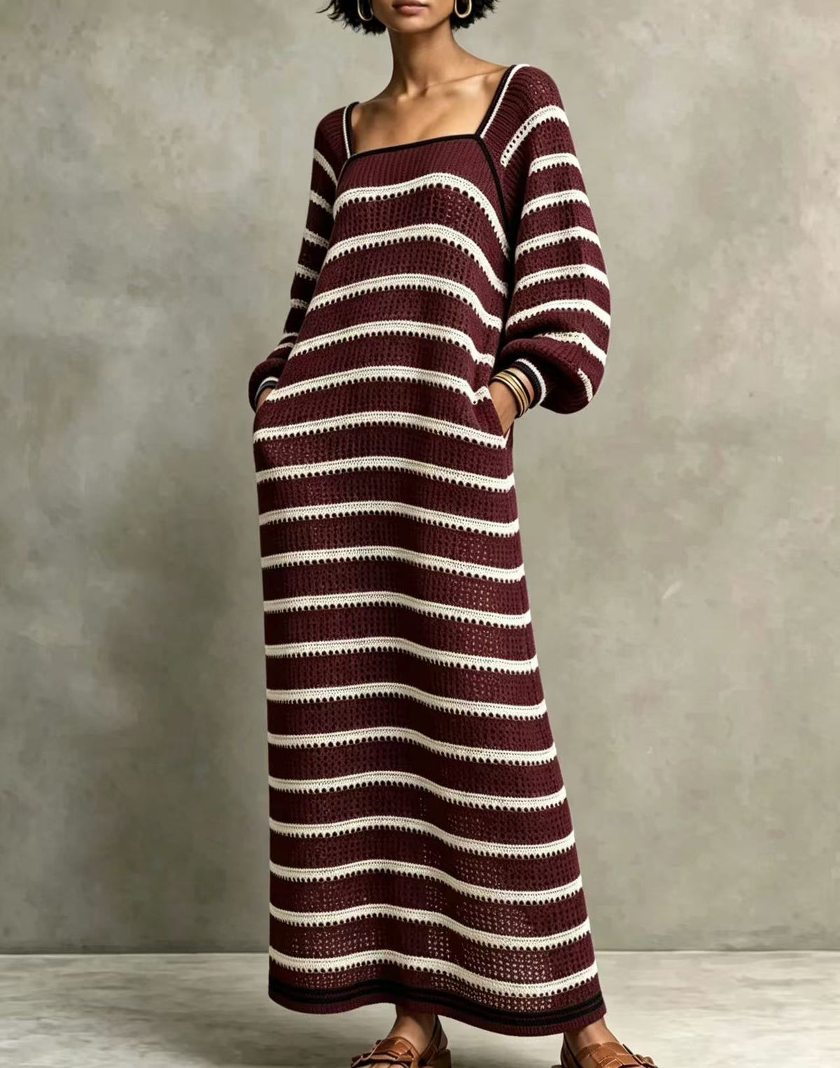 Chic Square-neck Striped Cut-out Knit Maxi Dress