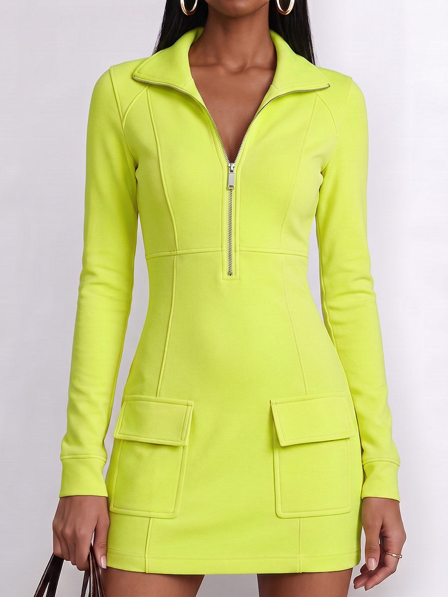 Women's Solid Color Collared Long Sleeve Casual Slim Fit Dress