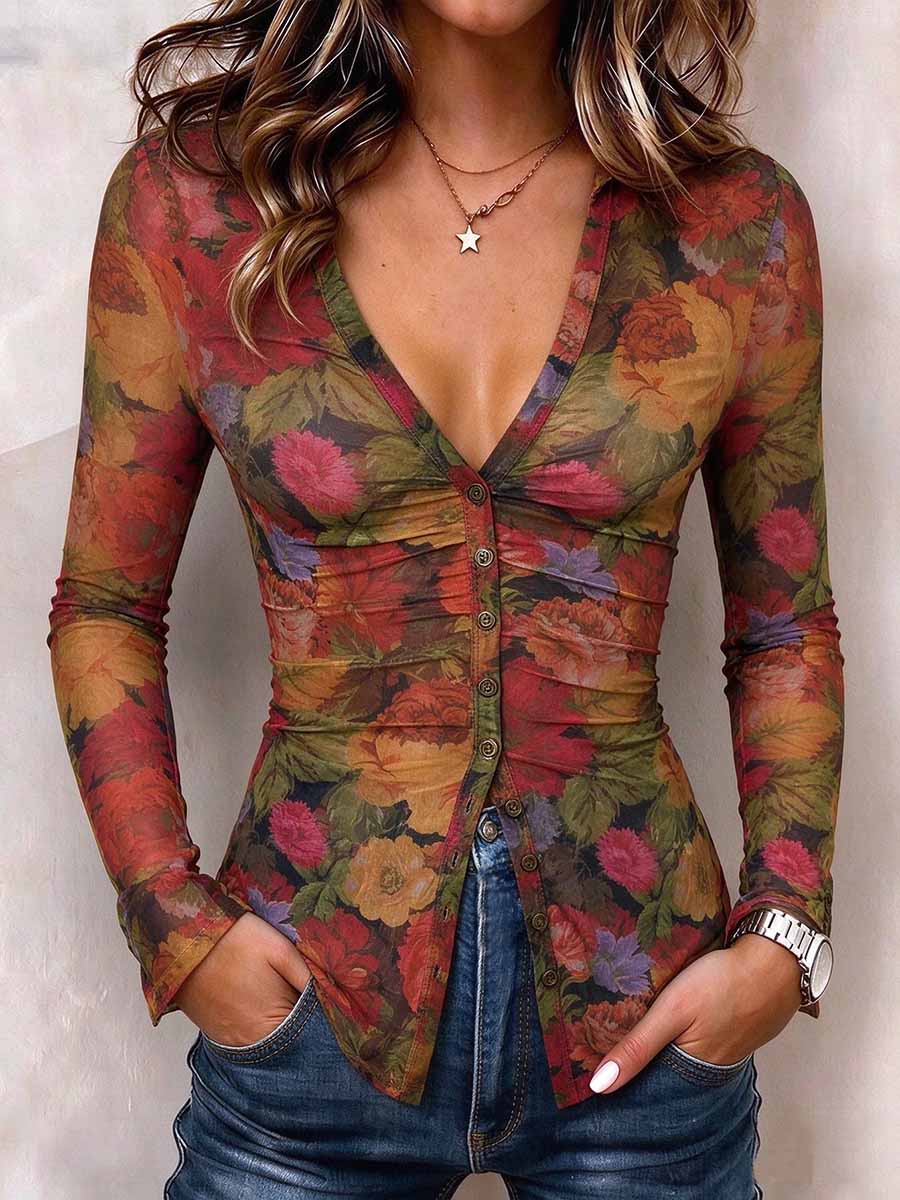 Women's V-neck Floral Print Long Sleeve Ruched Button-front Top.