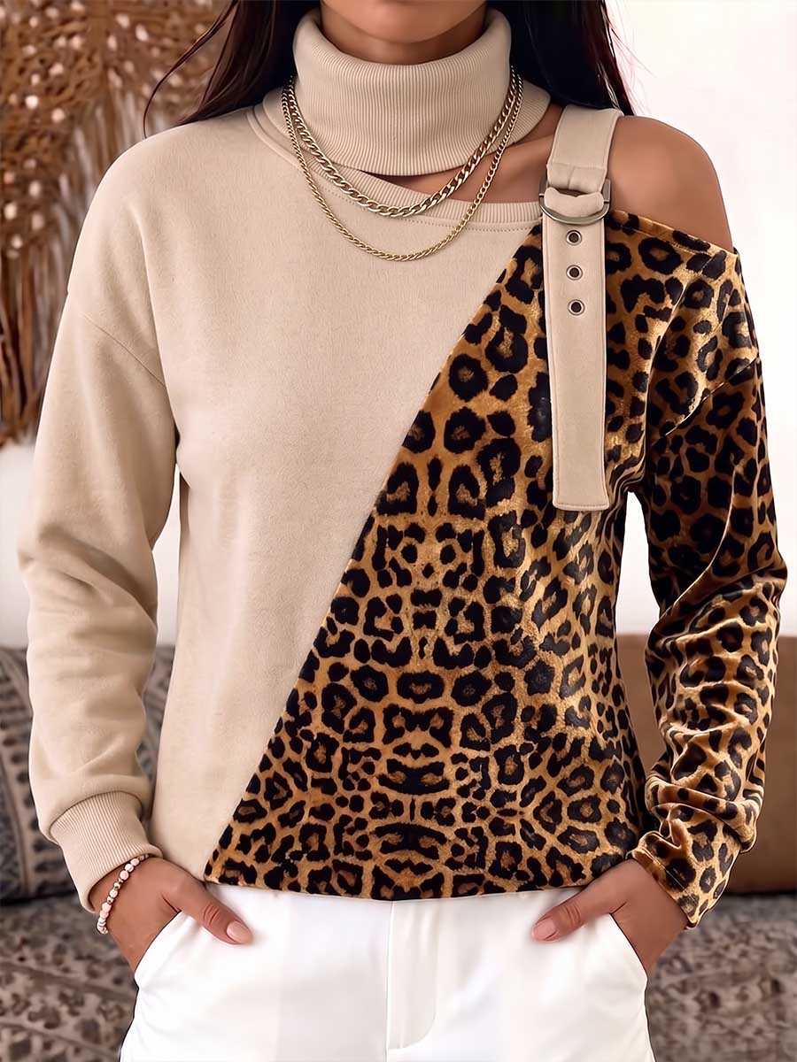 Women's High-neck Hollow-out Long-sleeved Casual Loose Leopard Print Patchwork Sweatshirt