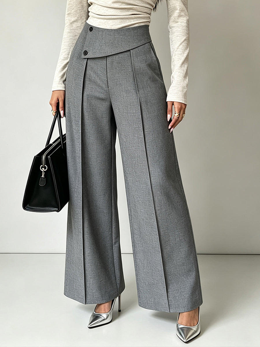 Chic And Sophisticated Grey Wide-leg Trousers With A Wrap-waist Design.