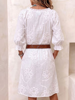 Women's solid color V-neck 3/4 sleeve casual loose cotton embroidered dress