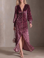 Women's Leopard Print V-neck Long Sleeve Casual Loose Velvet Dress