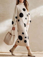 Women's Casual Loose-fit Long-sleeve Polka-dot Knit Dress With Turtleneck