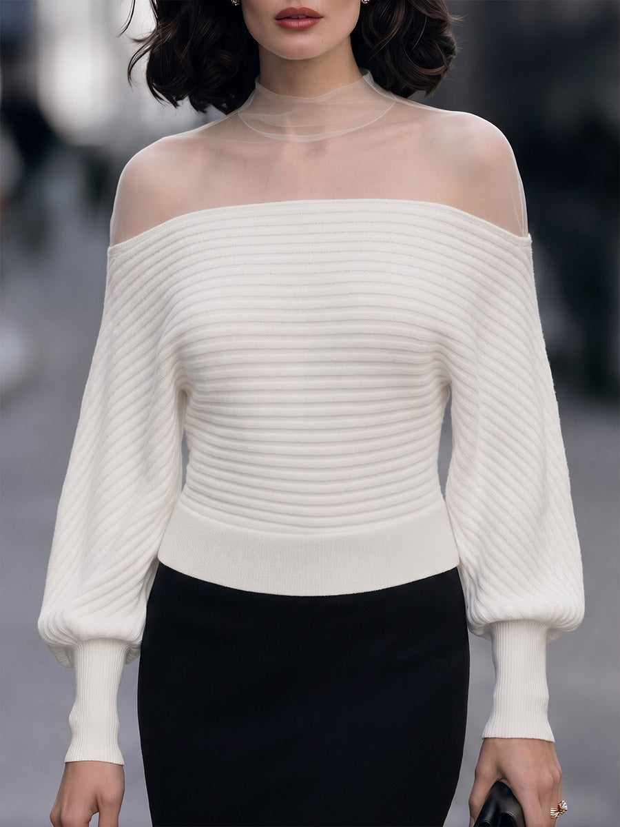 Women's Solid Color Stand Collar Long-sleeved Mesh-paneled Knit Top