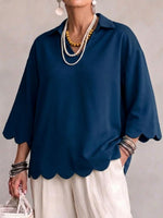 Scallop‑trim Lapel Collar 3/4 Sleeve Relaxed Top