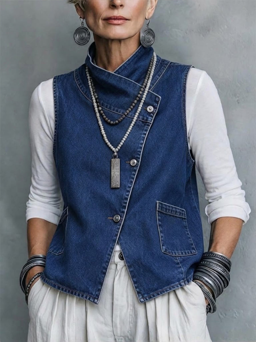 Two-piece Set Featuring A Casual Asymmetrical Denim Vest And A Long-sleeved Cotton Knit Top