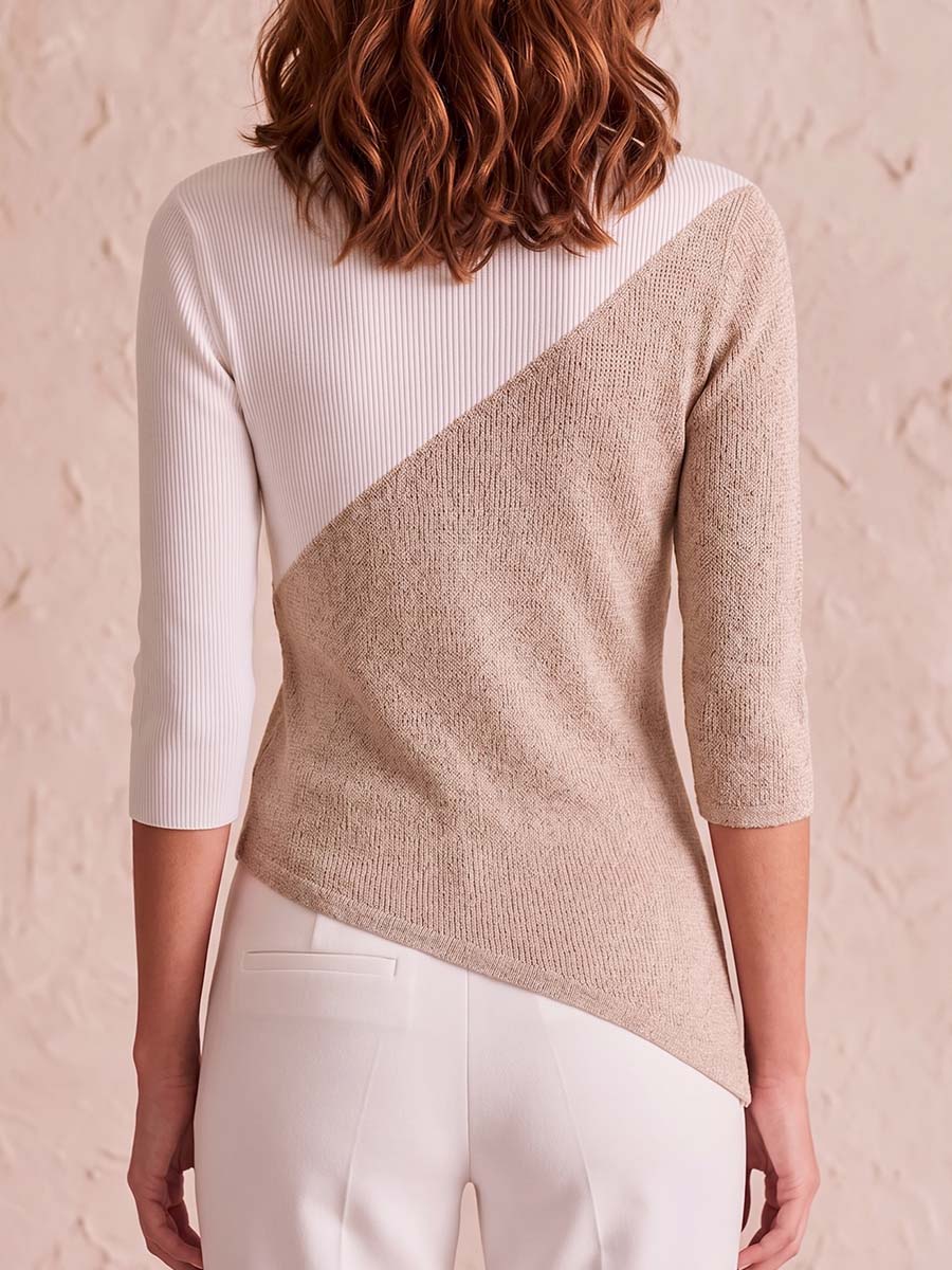 Women's Round Neck 3/4 Sleeve Casual Loose Color-blocked Pullover Knit Sweater