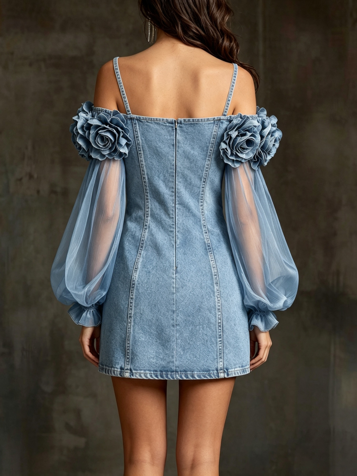 Romantic Three-dimensional Floral Denim Mini Dress