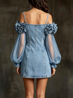Romantic Three-dimensional Floral Denim Mini Dress