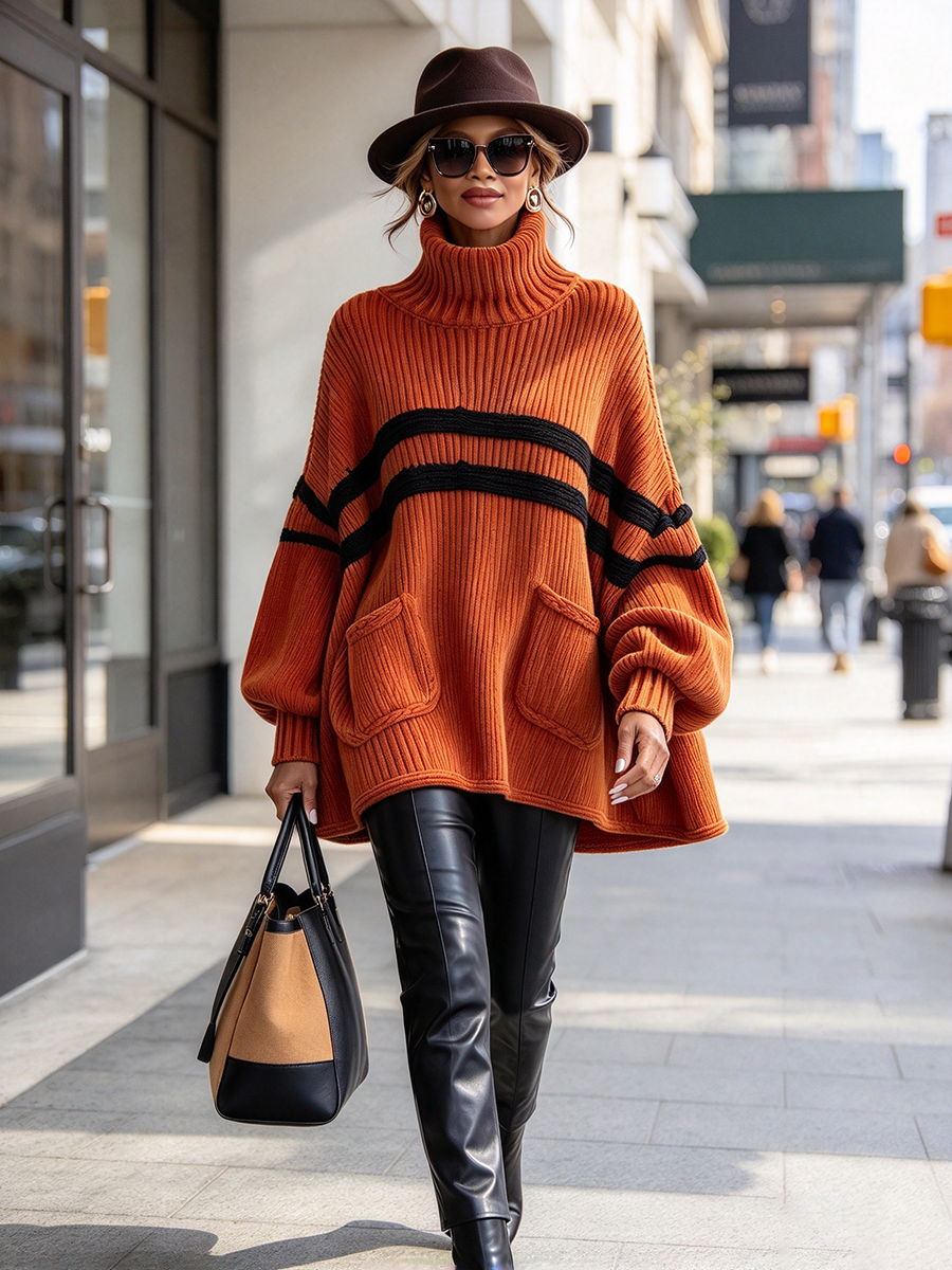 Cozy Chic Orange Turtleneck Striped Oversized Top