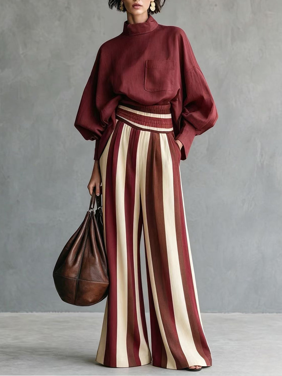 Stylish Casual Two-piece Set Featuring A Linen-cotton Blend Top And Striped Wide-leg Trousers.