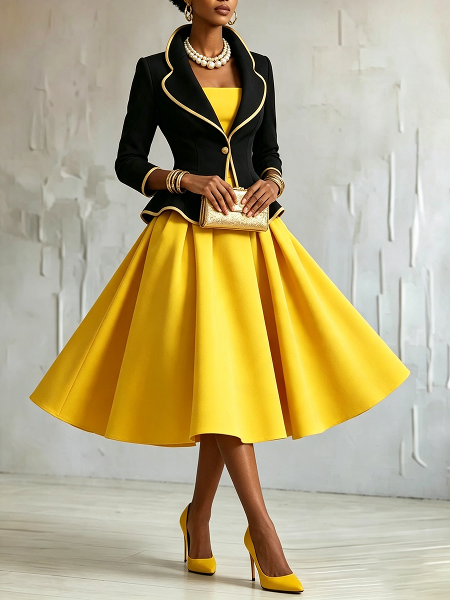 Elegant Gold Piping Blazer And Slip Dress Two-piece Set